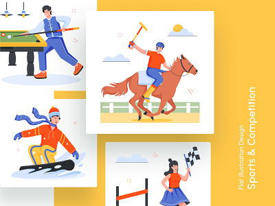 Sports and Competition Illustrations billiard bowling boxing characters cricket cycling fishing flat design football horse riding illustrations karate olympics racing shooting skiing soccer sports swimming vector