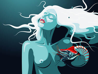 "Nautilus" - Daily art, NFT art. adobe illustrator blue contrast daily art digital art flat design illustration nautilus nude orange portrait red stylized vector vector illustration woman