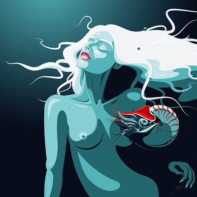 "Nautilus" - Daily art, NFT art. adobe illustrator blue contrast daily art digital art flat design illustration nautilus nude orange portrait red stylized vector vector illustration woman