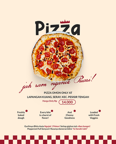 Pizza Omon – Deliciously Affordable at Only 14K! affordableeats foodbranding foodposter funfood graphicdesign lapangankijang localbusiness localflavor pepperonipizza pesisirtengah pizza posterdesign typography