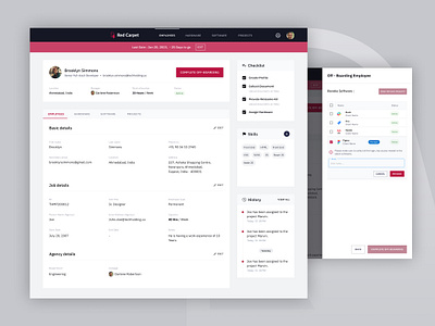 Red Carpet - Employee On/Off Boarding admin panel employee management employee profile page hardware management hr management hr portal app hr solution app hr website off boarding employee on boarding employee profile ui project management software management ui design ux design uxd visual design web app web design
