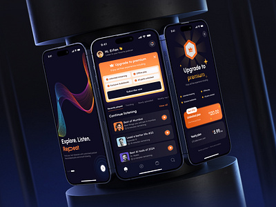 Podcast App UI Design - Explore, Listen, Repeat agency dark ui focotik mobile app design music app design podcast app podcast app design podcast mobile app premium sustainable ui ui ui ux