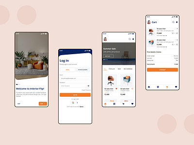 Interior Flip - Furniture Mobile App cart chair colors ecommerce furniture app homepage interior landing page listing login mobile app orders products typography ui design ux design