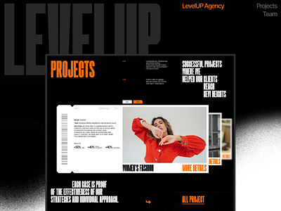 Sections of LEVELUP marketing agency website: projects and team aanimation agency case design digital figma landing landing page levelup agency marketing motion graphics page team typography ui ux web development webdesign webflow website