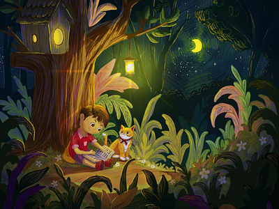 Brian's Story : Night read art book branding cartoon character design childrens book colorful cute digital art drawing flat style forest graphic design illustration kidlit kids night picturebook storybook whimsical