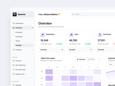 Queerta - Social Media Analytics analyics analyst clean dashboard data desktop menu bar modern popular purple saas sidebar simple social social media trending