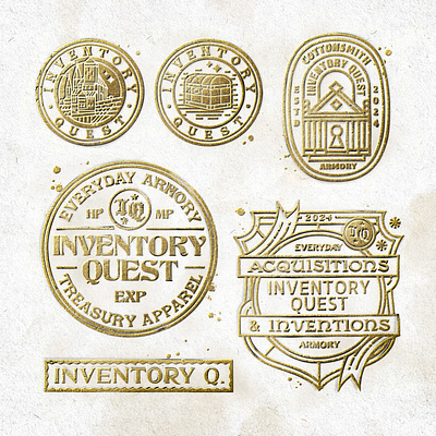 Inventory Quest Sketchwork adventure apparel badge design ephemera flash sheet gaming gold design gold foiling hat design inventory poster design quest retro rpg stamp art sticker art t shirt design texture video game vintage