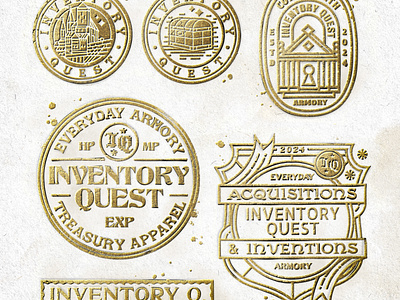 Inventory Quest Sketchwork adventure apparel badge design ephemera flash sheet gaming gold design gold foiling hat design inventory poster design quest retro rpg stamp art sticker art t shirt design texture video game vintage