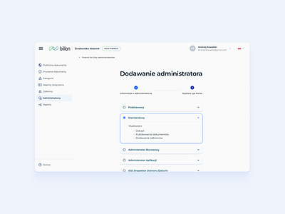 Administrator role selection screen in Billon’s app adminroles app application businessapp design graphic design interfacedesign product design ui usermanagement ux