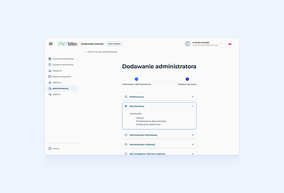 Administrator role selection screen in Billon’s app adminroles app application businessapp design graphic design interfacedesign product design ui usermanagement ux