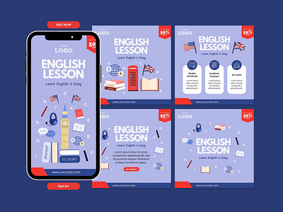 English Lesson - Social Media Template academic colorful design easy english graphic design knowledge language learn lesson media post potrait purple social square story student study template