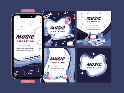 Music Festival - Social Media Template audio design drum event festival graphic graphic design guitar headphone light multimedia music post potrait social media speaker square story template trumpet