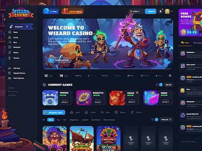 Wizard Casino: Home Page betting bonus casino crash dark interface dice gambling game illustration game interface home page magic main page mines roulette slot game slots ui ux web design wizard