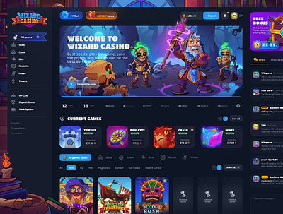 Wizard Casino: Home Page betting bonus casino crash dark interface dice gambling game illustration game interface home page magic main page mines roulette slot game slots ui ux web design wizard