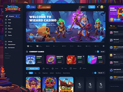 Wizard Casino: Home Page betting bonus casino crash dark interface dice gambling game illustration game interface home page magic main page mines roulette slot game slots ui ux web design wizard