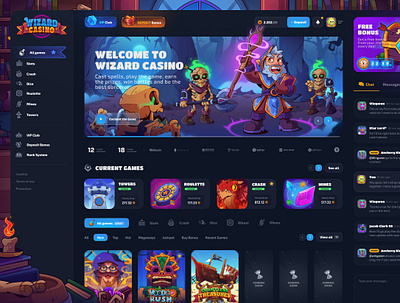 Wizard Casino: Home Page betting bonus casino crash dark interface dice gambling game illustration game interface home page magic main page mines roulette slot game slots ui ux web design wizard