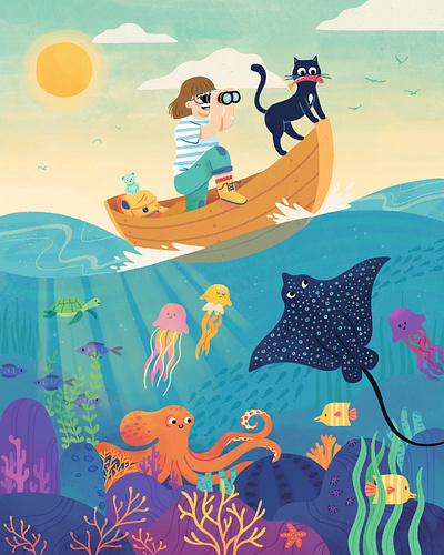 Rosie & bento Out at Sea aquatic boat book character children coral cute fun illustration marine nature ocean octopus procreate underwater