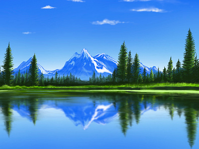 Reflections of Snowy Peaks and Pines in the Calm Lake blue digital art digital painting forest graphic design illustration lake landscape mountain nature peak pine procreate reflection snow tree