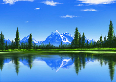 Reflections of Snowy Peaks and Pines in the Calm Lake blue digital art digital painting forest graphic design illustration lake landscape mountain nature peak pine procreate reflection snow tree