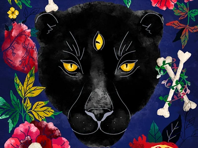 Panther illustration adobe photoshop animal art bones book cover design digital art esoteric flowers graphic heart illustration mystic panther plakat pomegranate poster procreate psychedelic surreal