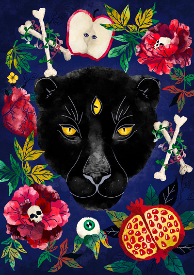 Panther illustration adobe photoshop animal art bones book cover design digital art esoteric flowers graphic heart illustration mystic panther plakat pomegranate poster procreate psychedelic surreal