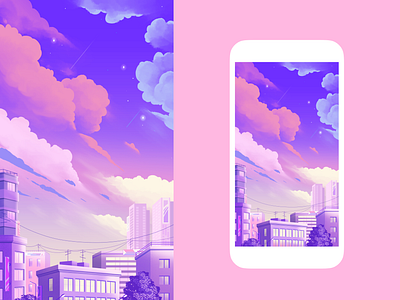 Lo-fi background anime background city clouds cute design illustration lofi sky sunrise sunset ui vector