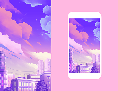 Lo-fi background anime background city clouds cute design illustration lofi sky sunrise sunset ui vector