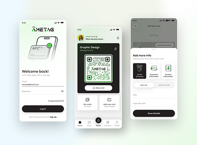 Digital Business Card App Design app design app ui ux business card app business card app design digital business card home screen login screen popup screen sign up screen splash screen