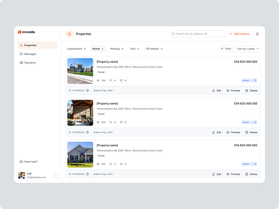 Immobilis - listing b2b b2c clean ui desktop app listing minimal properties property list property listing saas ux web app