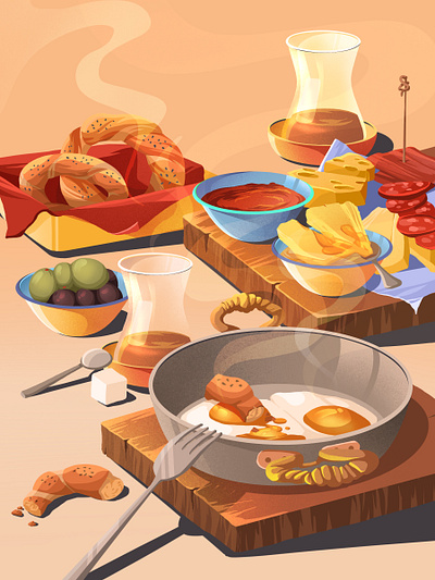 Turkish breakfast artwork breakfast butter cheese eggs food food illustrations honey illustration illustration art jam olive sugar tea