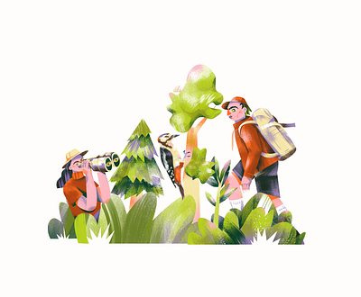 Recreational activities in nature: Hiking, Birdwatching binoculars biodiversity birdwatching drawing education educational activities forest green activities healthy activities hiking illustration nature nature protection plants recreation sustainability trees woodpecker