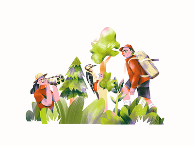 Recreational activities in nature: Hiking, Birdwatching binoculars biodiversity birdwatching drawing education educational activities forest green activities healthy activities hiking illustration nature nature protection plants recreation sustainability trees woodpecker