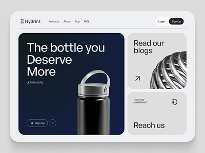 Minimalistic E-commerce Hero Section - Water Bottle 3d bento grid bottle branding design e commerce figma graphic design hero section interaction landing page minimal product design prototype shopify shopping typography ui user interface web page