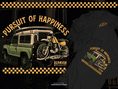 Pursuit Of Happiness clothing design digitalillustration handdrawn illustration landrover trailvintage tshirt design vintage