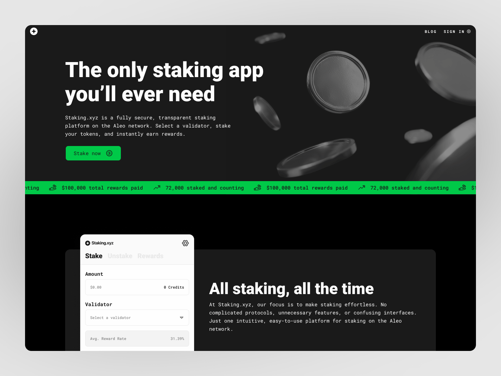 Clean and Intuitive Staking UI Web Landing Page aleo network