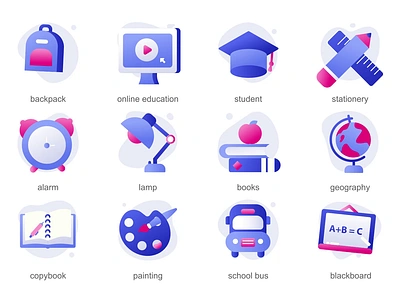 Education 2D Gradient Icons Animation 2d alarm animation backpack blackboard books copybook education flat geography icons icons set ilustration lamp motion online education painting school bus stationery student