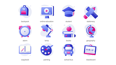 Education 2D Gradient Icons Animation 2d alarm animation backpack blackboard books copybook education flat geography icons icons set ilustration lamp motion online education painting school bus stationery student