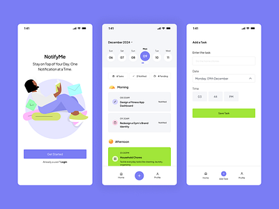 NotifyMe – your personal task reminder app. app design app interaction dashboard design mobile mobile app notification prototype task management ui ux