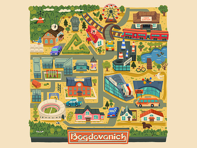 "Bogdovanich" Town Map 2d art architecture art cartoon city city map design editorial game map illustration map town vintage