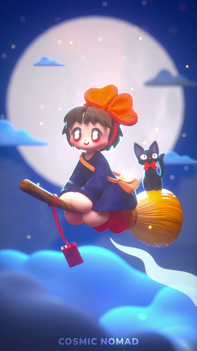 3D ASMR I Night Delivery on Kiki and Gigi's broom🌙 3d 3dart 3dcharacter 3dmodeling animation branding character cinema4d design fanart ghibli graphicdesign illustration kikis delivery service loopanimation motion graphics