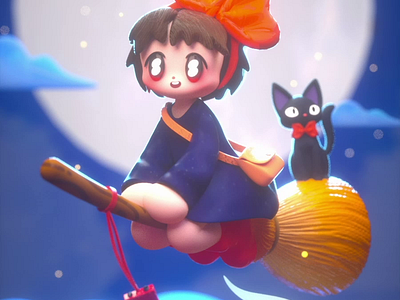 3D GHIBLI I Night Delivery on Kiki and Gigi's broom🌙 3d 3dart 3dcharacter 3dmodeling animation branding character cinema4d design fanart ghibli graphicdesign illustration kikis delivery service loopanimation motion graphics