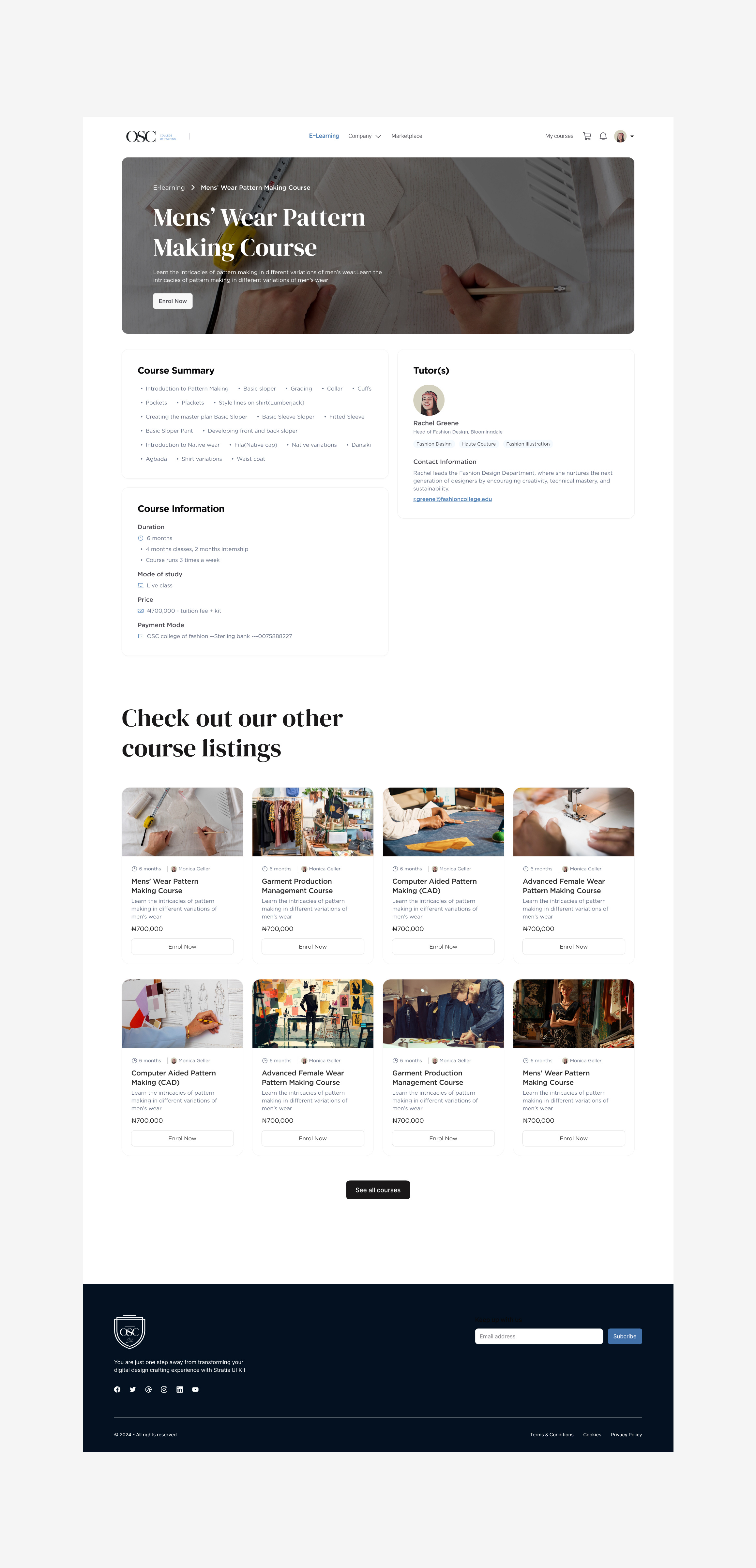 E-learning course page for a fashion school web application design ui webapp