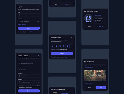 Meme-Sharing App Login Flow banner create account dark dark theme flow gaming log in product design profile image sign up ui ux verify