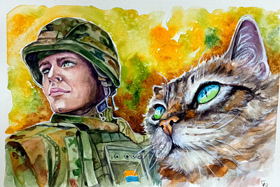 Original watercolor Ukrainian painting, Cat and Soldier, art art cat hand painted handmade illustration paint painting soldier ukraine war