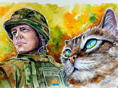 Original watercolor Ukrainian painting, Cat and Soldier, art art cat hand painted handmade illustration paint painting soldier ukraine war