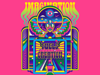 Imagination fuels creation design figurative art funk funky illustration lettering psychedelic retro surrealism trippy type typography vector vintage