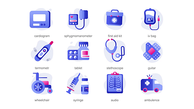 Medical 2D Icons Animation 2d ambulance animation audio cardiogram first aid kit flat guitar icons illustration iv bag medical icons motion sphygmomanometer stethoscope syringe tablet thermometer wheelchair