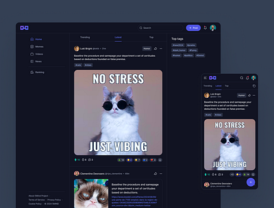 Meme-Sharing App Feed dark theme feed meme product design responsive sharing social ux