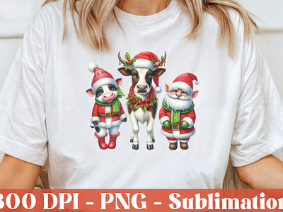 Watercolor Christmas Santa Cow Clipart greeting