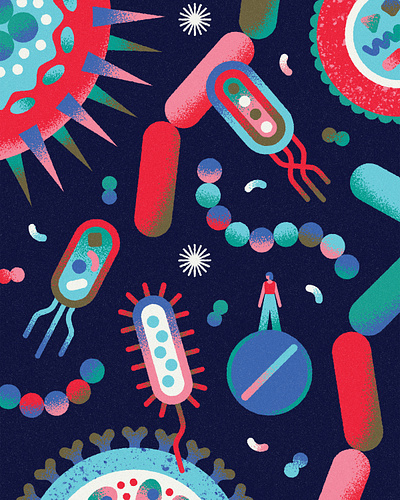 Superbugs abstract antibiotics bacteria biology blue branding cells design flat geometric germs illustration medical medicine minimal people science texture vector virus